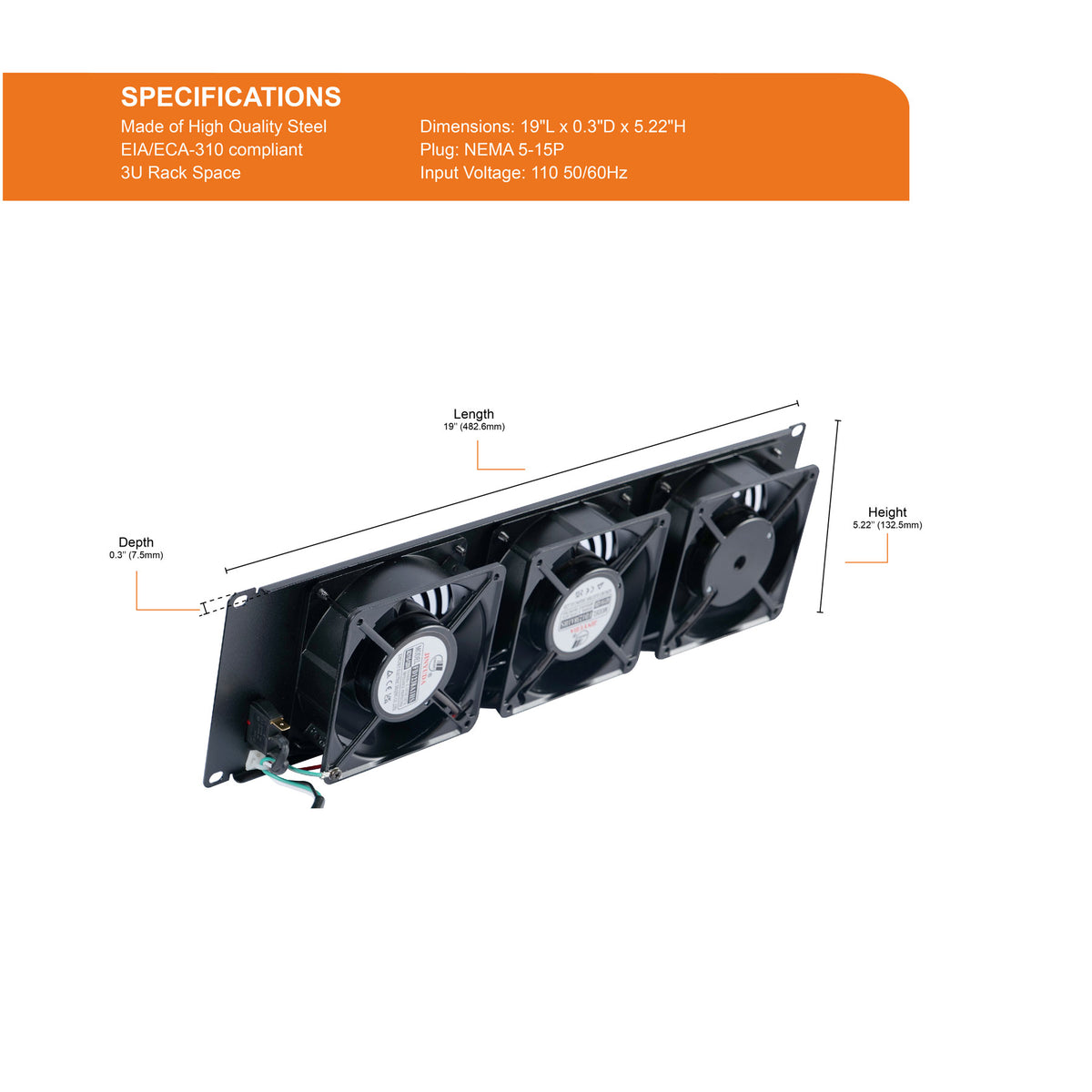 Tecmojo 3U Rack Mount 3 Cabinet Cooling Fans Panel for 19 inch Rack/Ca