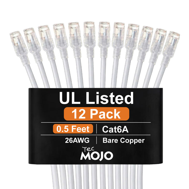 Tecmojo UL Listed Cat6 0.5ft Ethernet Patch Cable, 26AWG 100% Pure Copper Conductors, Cat6 Network Cable, Snagless RJ45 for Router, Modem, Xbox, Laptop, Servers, 12-Pack, White