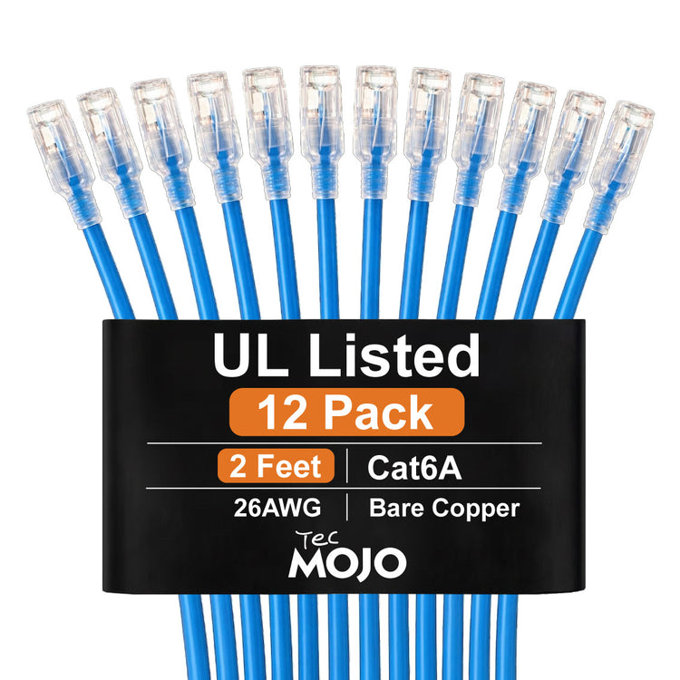 Tecmojo UL Listed Cat6 2ft Ethernet Patch Cable, 26AWG 100% Pure Copper Conductors, Cat6 Network Cable, Snagless RJ45 for Router, Modem, Xbox, Laptop, Servers, 12-Pack, Blue
