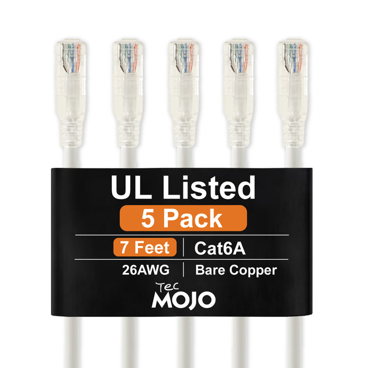 Tecmojo UL Listed Cat6 7ft Ethernet Patch Cable, 26AWG 100% Pure Copper Conductors, Cat6 Network Cable, Snagless RJ45 for Router, Modem, Xbox, Laptop, Servers, 5-Pack, White