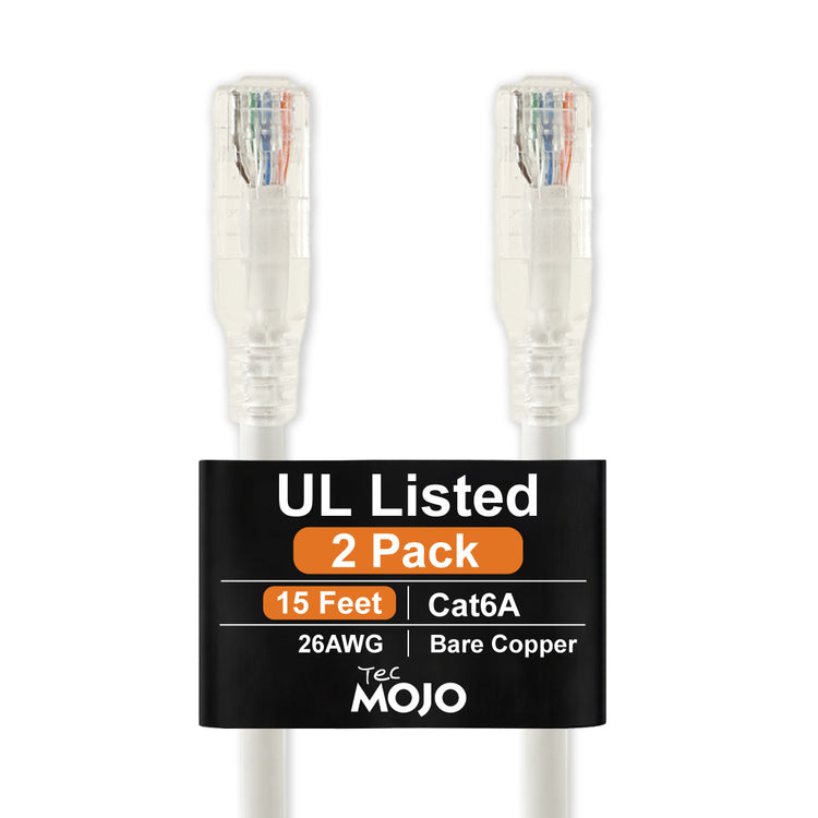 Tecmojo UL Listed Cat6 15ft Ethernet Patch Cable, 26AWG 100% Pure Copper Conductors, Cat6 Network Cable, Snagless RJ45 for Router, Modem, Xbox, Laptop, Servers, 2-Pack, White
