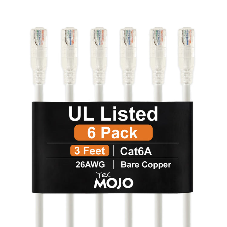 Tecmojo UL Listed Cat6 3ft Ethernet Patch Cable, 26AWG 100% Pure Copper Conductors, Cat6 Network Cable, Snagless RJ45 for Router, Modem, Xbox, Laptop, Servers, 6-Pack, White