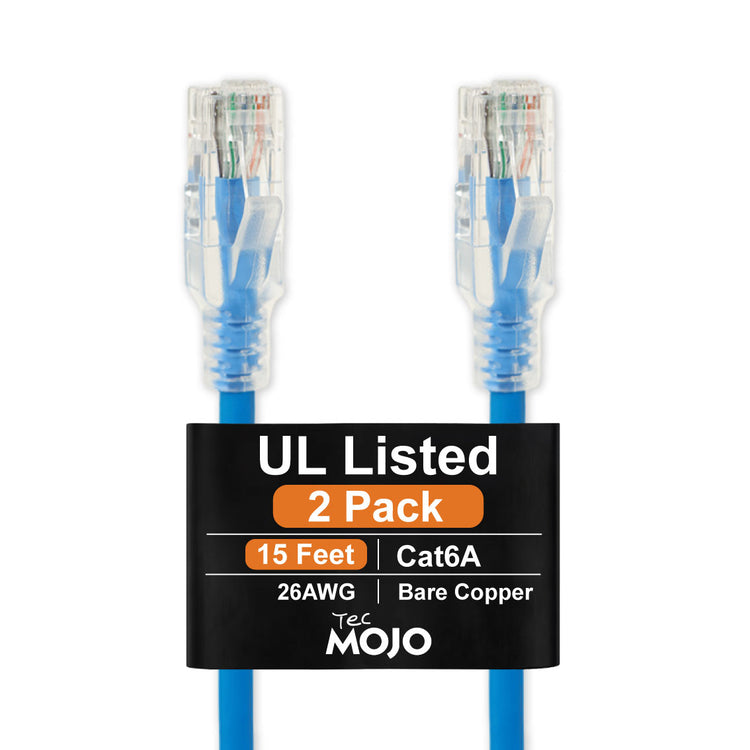 Tecmojo UL Listed Cat6 15ft Ethernet Patch Cable, 26AWG 100% Pure Copper Conductors, Cat6 Network Cable, Snagless RJ45 for Router, Modem, Xbox, Laptop, Servers, 2-Pack, Blue