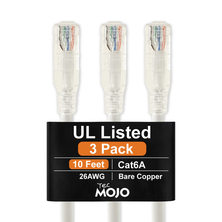 Tecmojo UL Listed Cat6 10ft Ethernet Patch Cable, 26AWG 100% Pure Copper Conductors, Cat6 Network Cable, Snagless RJ45 for Router, Modem, Xbox, Laptop, Servers, 3-Pack, White