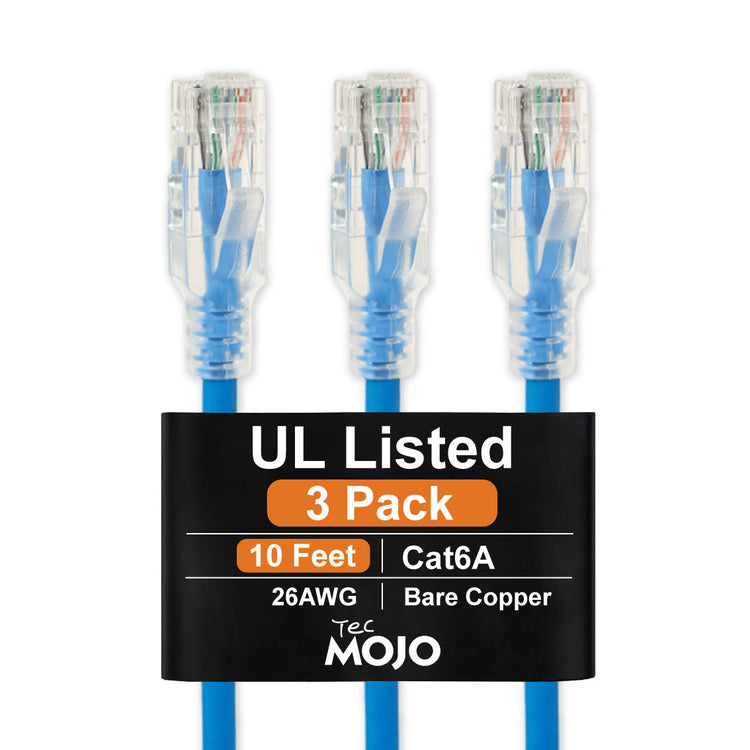 Tecmojo UL Listed Cat6 10ft Ethernet Patch Cable, 26AWG 100% Pure Copper Conductors, Cat6 Network Cable, Snagless RJ45 for Router, Modem, Xbox, Laptop, Servers, 3-Pack, Blue