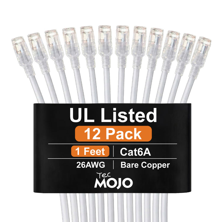 Tecmojo UL Listed Cat6 1ft Ethernet Patch Cable, 26AWG 100% Pure Copper Conductors, Cat6 Network Cable, Snagless RJ45 for Router, Modem, Xbox, Laptop, Servers, 12-Pack, White