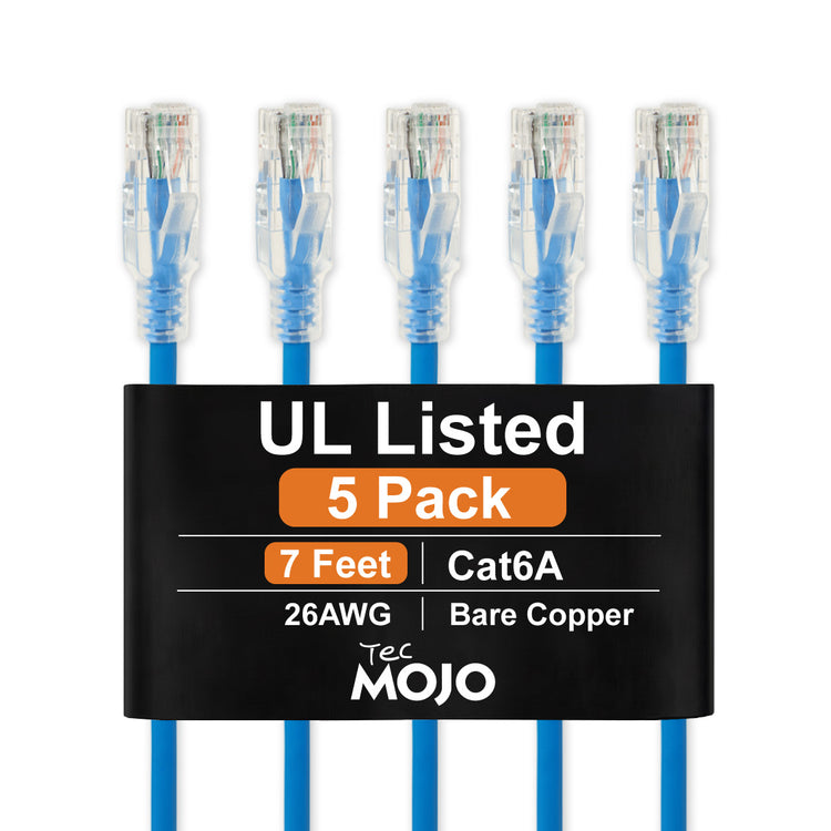 Tecmojo UL Listed Cat6 7ft Ethernet Patch Cable, 26AWG 100% Pure Copper Conductors, Cat6 Network Cable, Snagless RJ45 for Router, Modem, Xbox, Laptop, Servers, 5-Pack, Blue