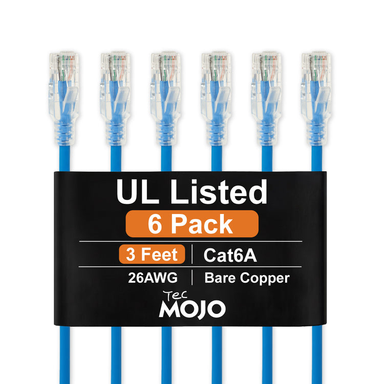 Tecmojo UL Listed Cat6 3ft Ethernet Patch Cable, 26AWG 100% Pure Copper Conductors, Cat6 Network Cable, Snagless RJ45 for Router, Modem, Xbox, Laptop, Servers, 6-Pack, Blue