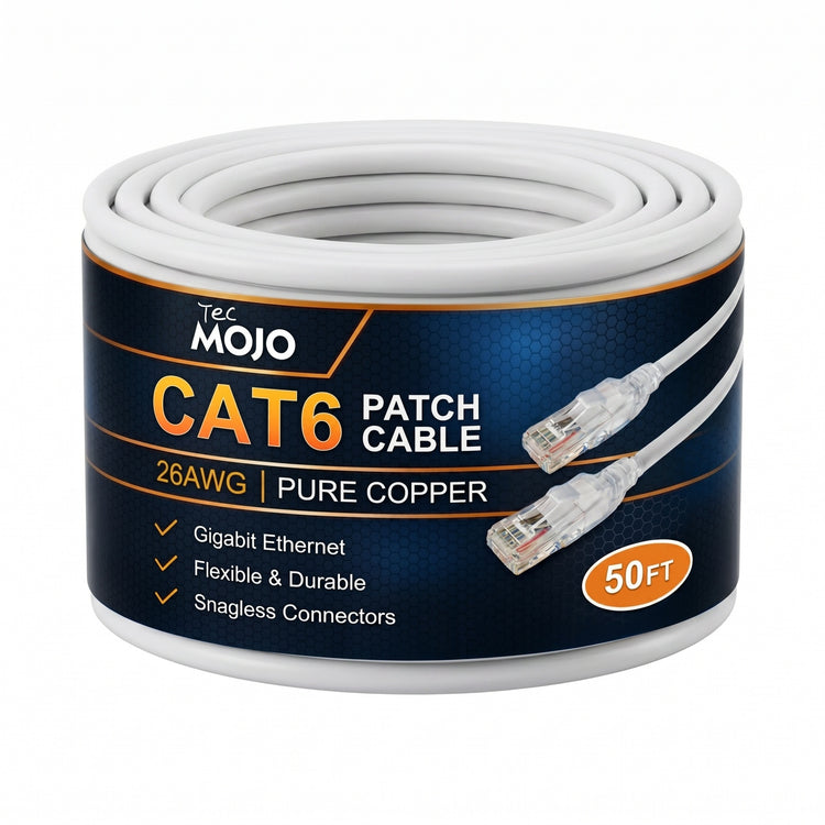 Tecmojo UL Listed Cat6 50ft Ethernet Patch Cable, 26AWG 100% Pure Copper Conductors, Cat6 Network Cable, Snagless RJ45 for Router, Modem, Xbox, Laptop, Servers, White
