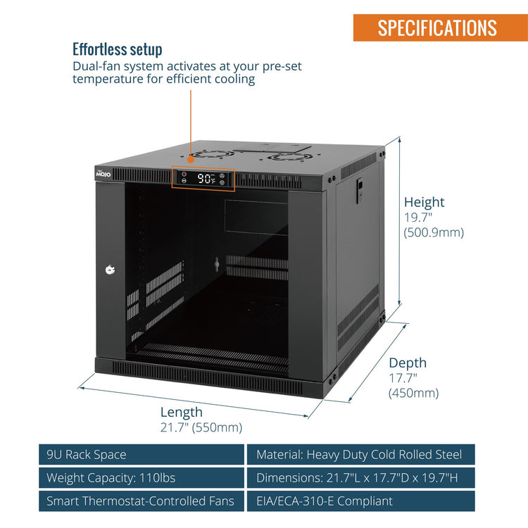Tecmojo 9U Wall Mount Rack with Thermostat, 17.7inch Depth Enclosed Server Cabinet with 2 Cooling Fans,Lockable Door & Hardware,9U Rack for 19inch Equipments,Glass Door