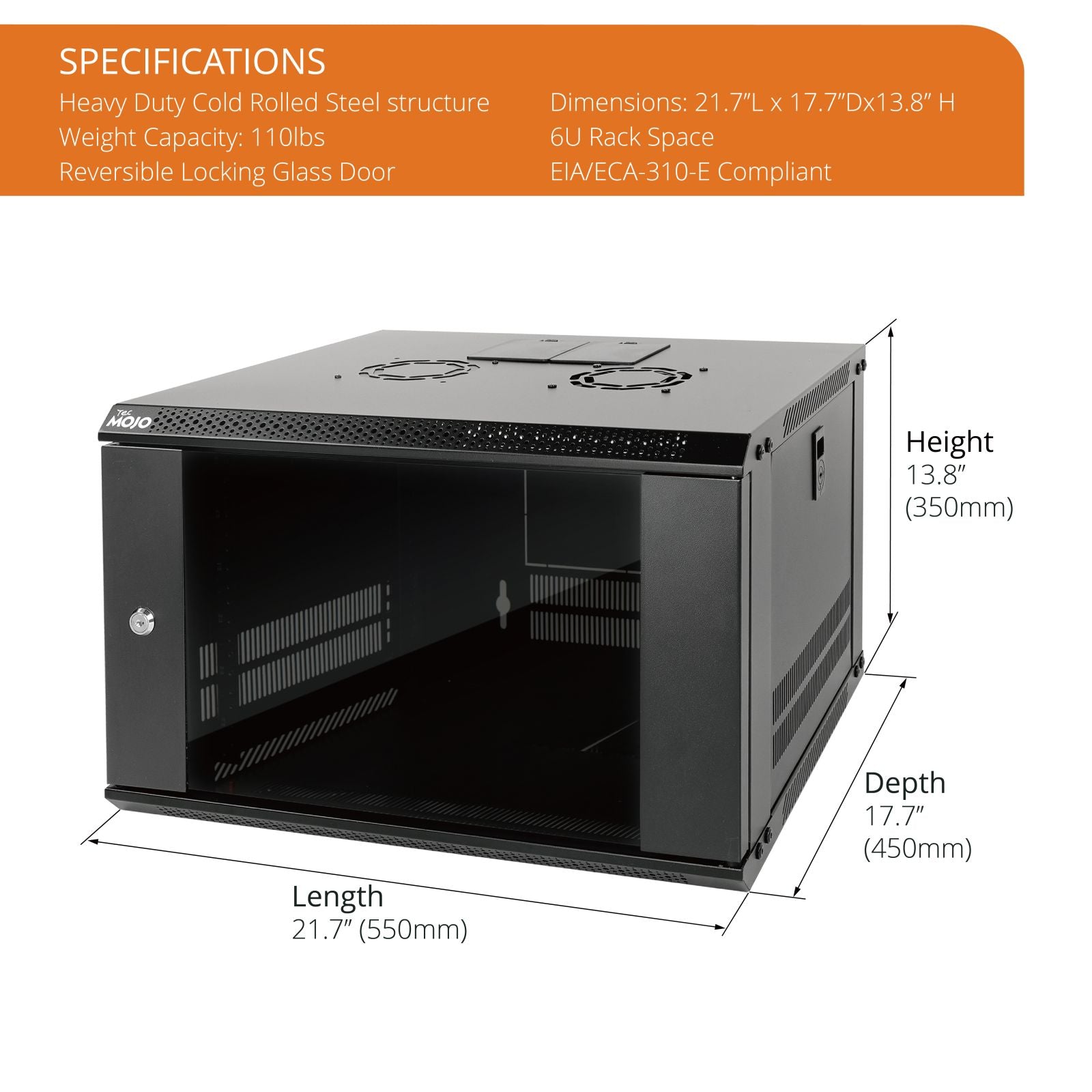 6u Rack Front View 6U Wall Mount Cabinet 450mm Depth Black Glass Door Flat Pack Server ...