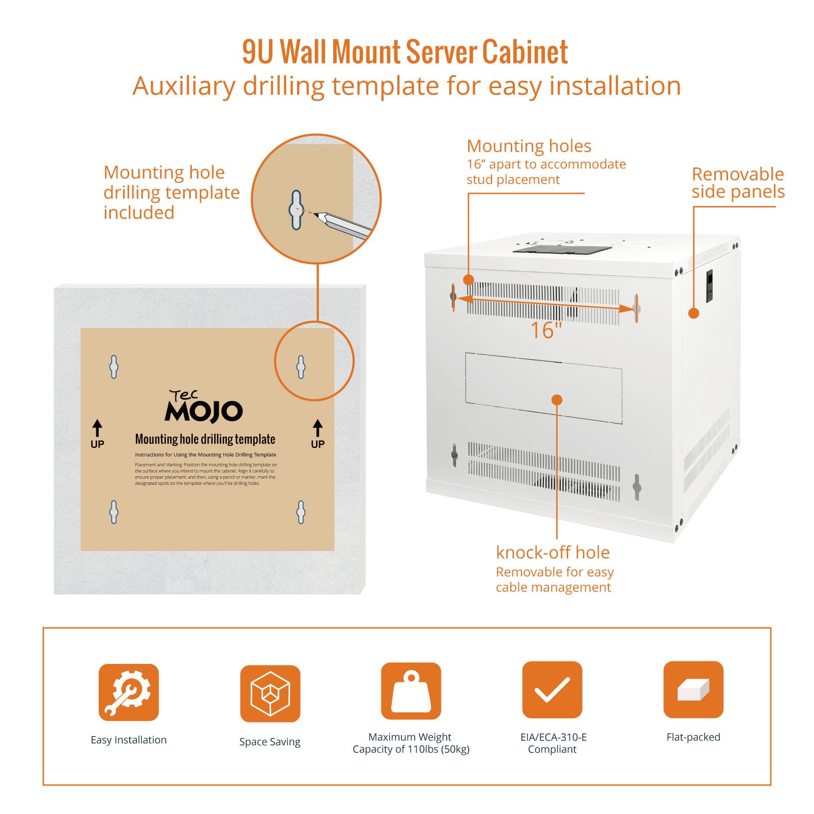 9U Wall Mount Cabinet 450mm Depth White Glass Door Flat Pack