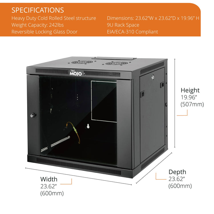 Tecmojo 9U 600mm Depth Glass Door Professional Wall Mount Cabinet( Fully Welded)