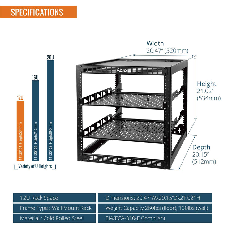 Tecmojo 12U Open Frame Network Rack for 19" Networking Device