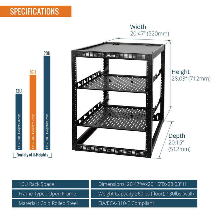 Tecmojo 16U Open Frame Network Rack for 19" Networking Device