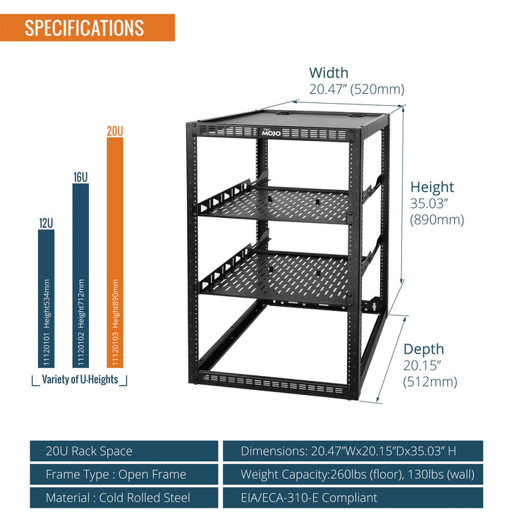 Tecmojo 20U Open Frame Network Rack for 19" Networking Device