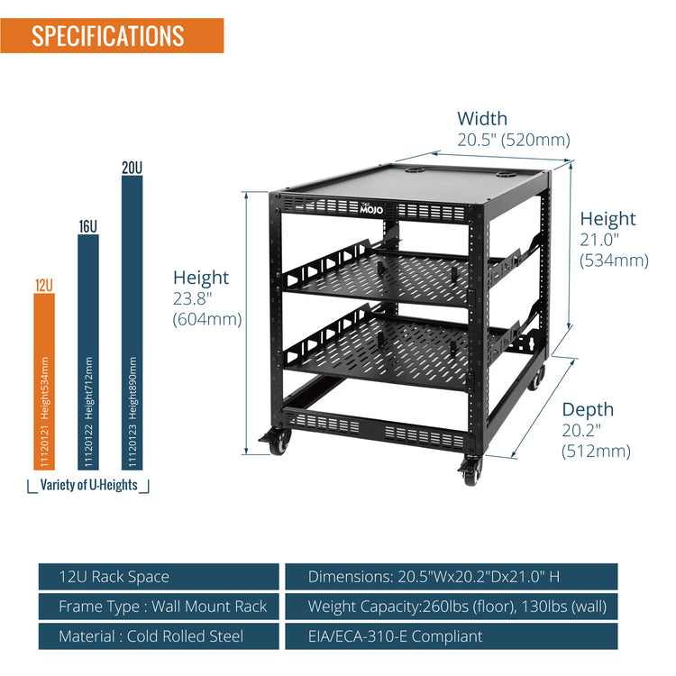Tecmojo 12U Open Frame Network Rack with Casters for 19" Networking Device