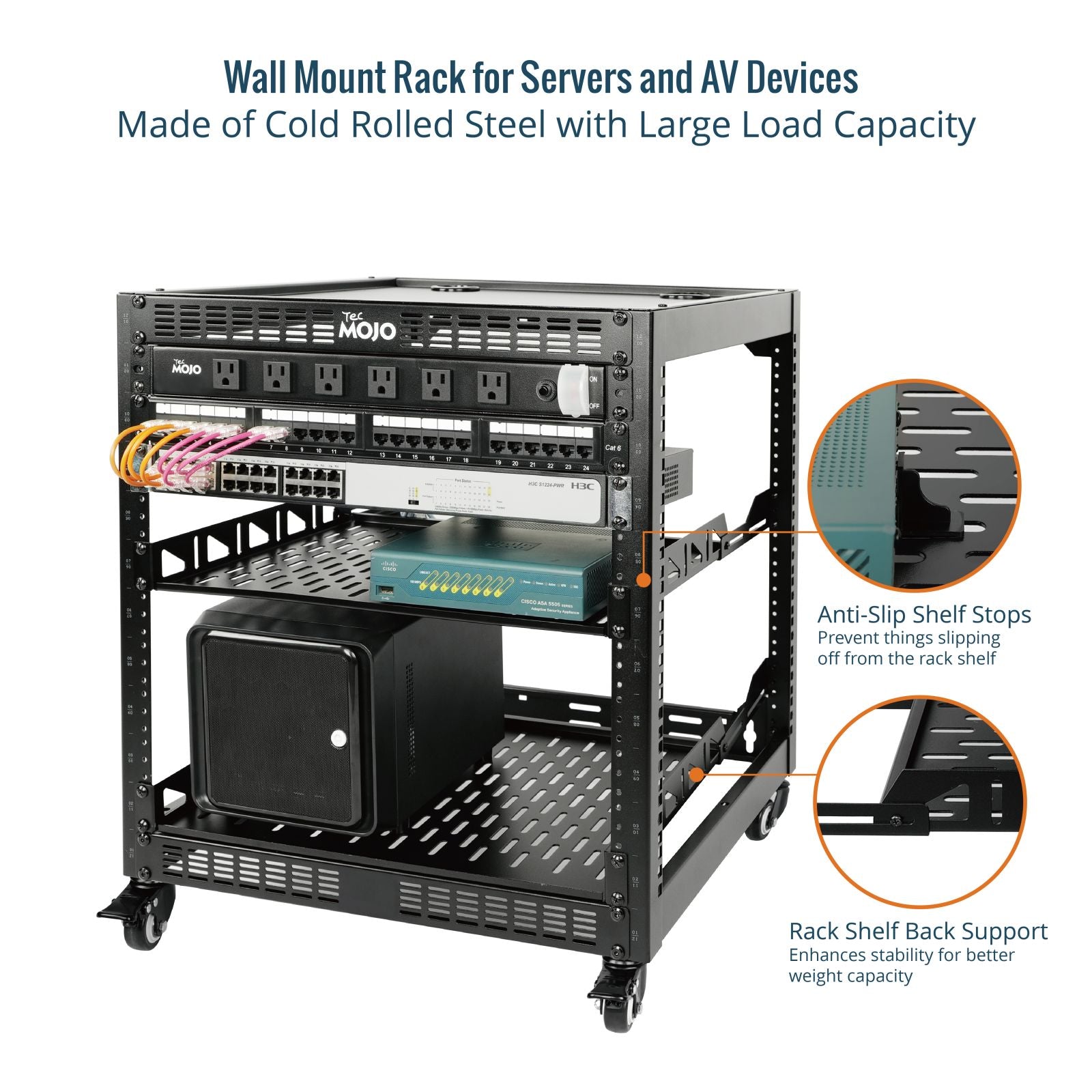 12U Open Frame Server Rack AV Rack with Casters | Tecmojo