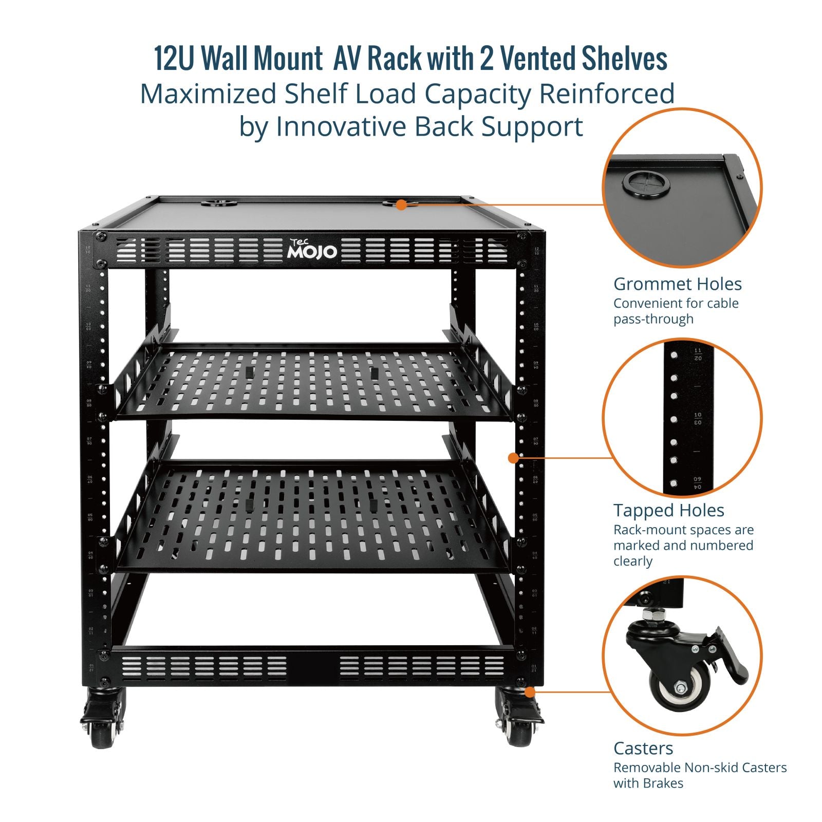 12U Open Frame Server Rack AV Rack with Casters | Tecmojo