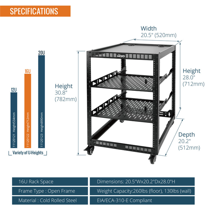Tecmojo 16U Open Frame Network Rack with Casters for 19" Networking Device