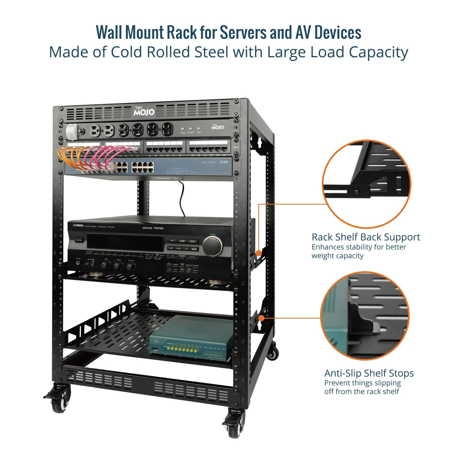 16U Open Frame Rack 4-Post AV Rack with Casters | Tecmojo