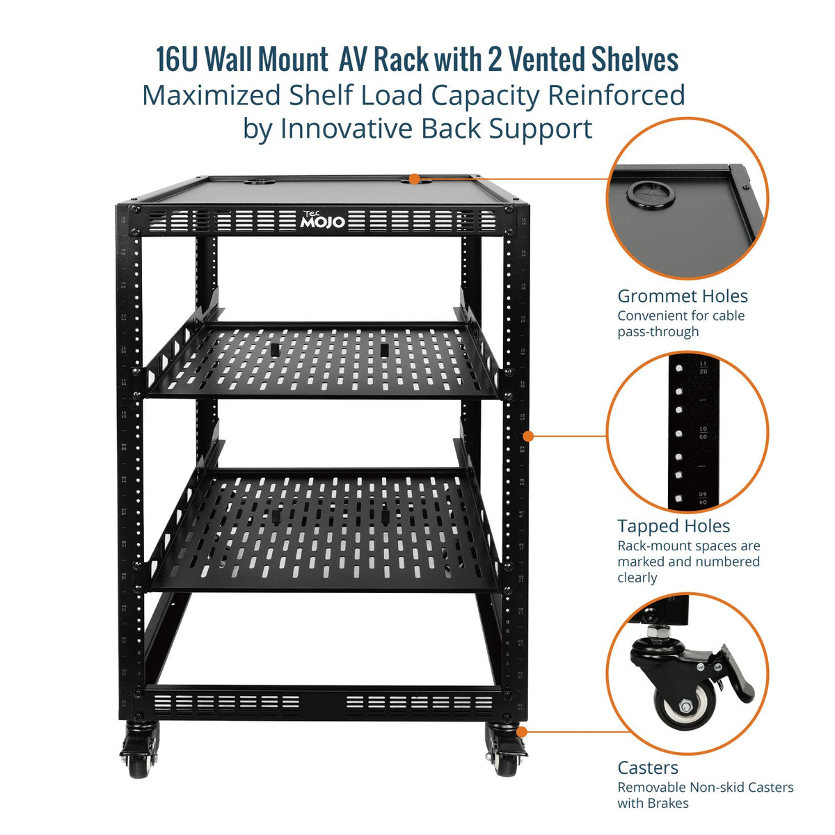 Castors Av Rack 16U Open Frame Rack 4-Post AV Rack with Casters | Tecmojo