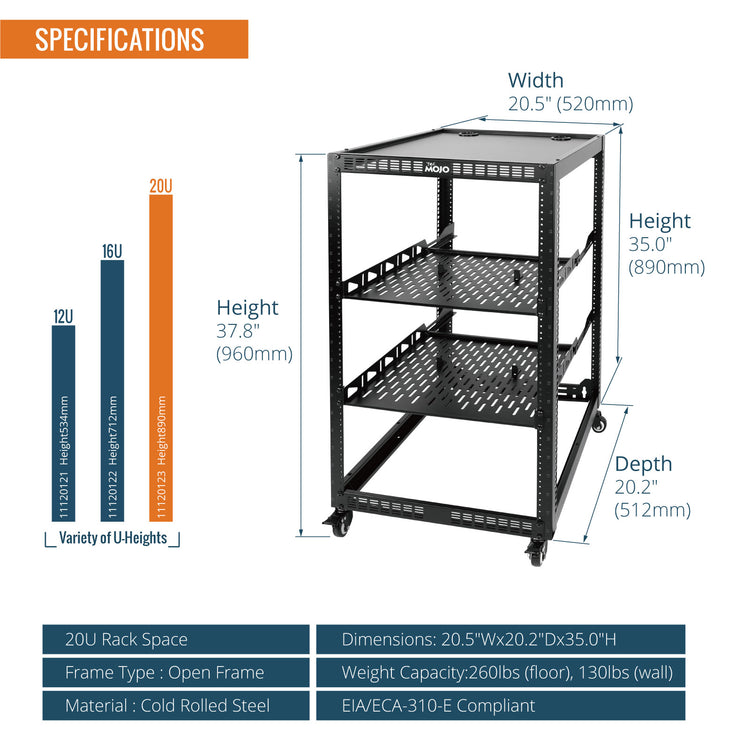 Tecmojo 20U Open Frame Network Rack with Casters for 19" Networking Device