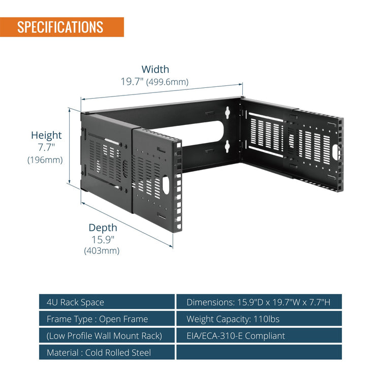 Tecmojo 4U Wall Mount Network Rack, 19" Open Frame Bracket, Adjustable Depth 9.7-15.9", 110 lb Capacity