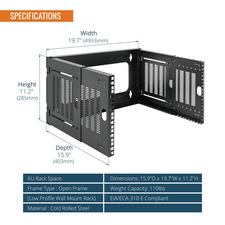 Tecmojo 6U Wall Mount Network Rack, 19" Open Frame Bracket, Adjustable Depth 9.7-15.9", 110 lb Capacity