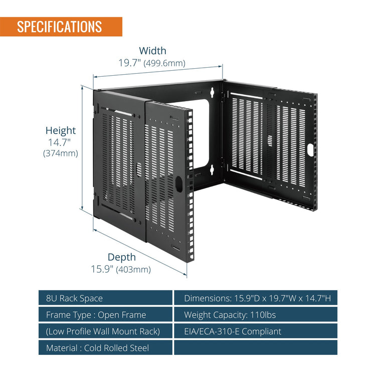 Tecmojo 8U Wall Mount Network Rack, 19" Open Frame Bracket, Adjustable Depth 9.7-15.9", 110 lb Capacity