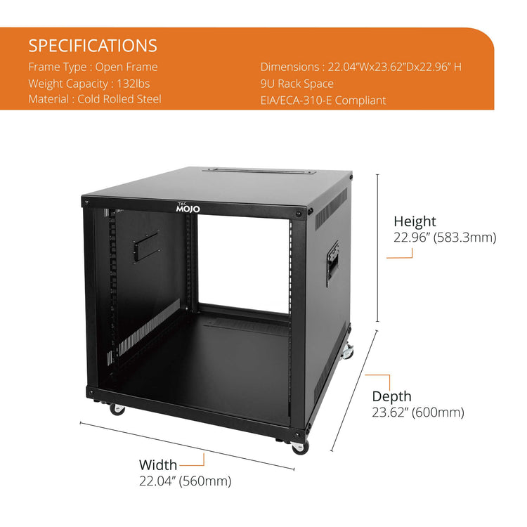 Tecmojo 9U Portable Rolling Network Rack  4-Post Open Frame Server Rack with Wheels