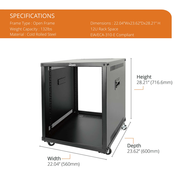Tecmojo 12U Portable Rolling Network Rack  4-Post Open Frame Server Rack with Wheels