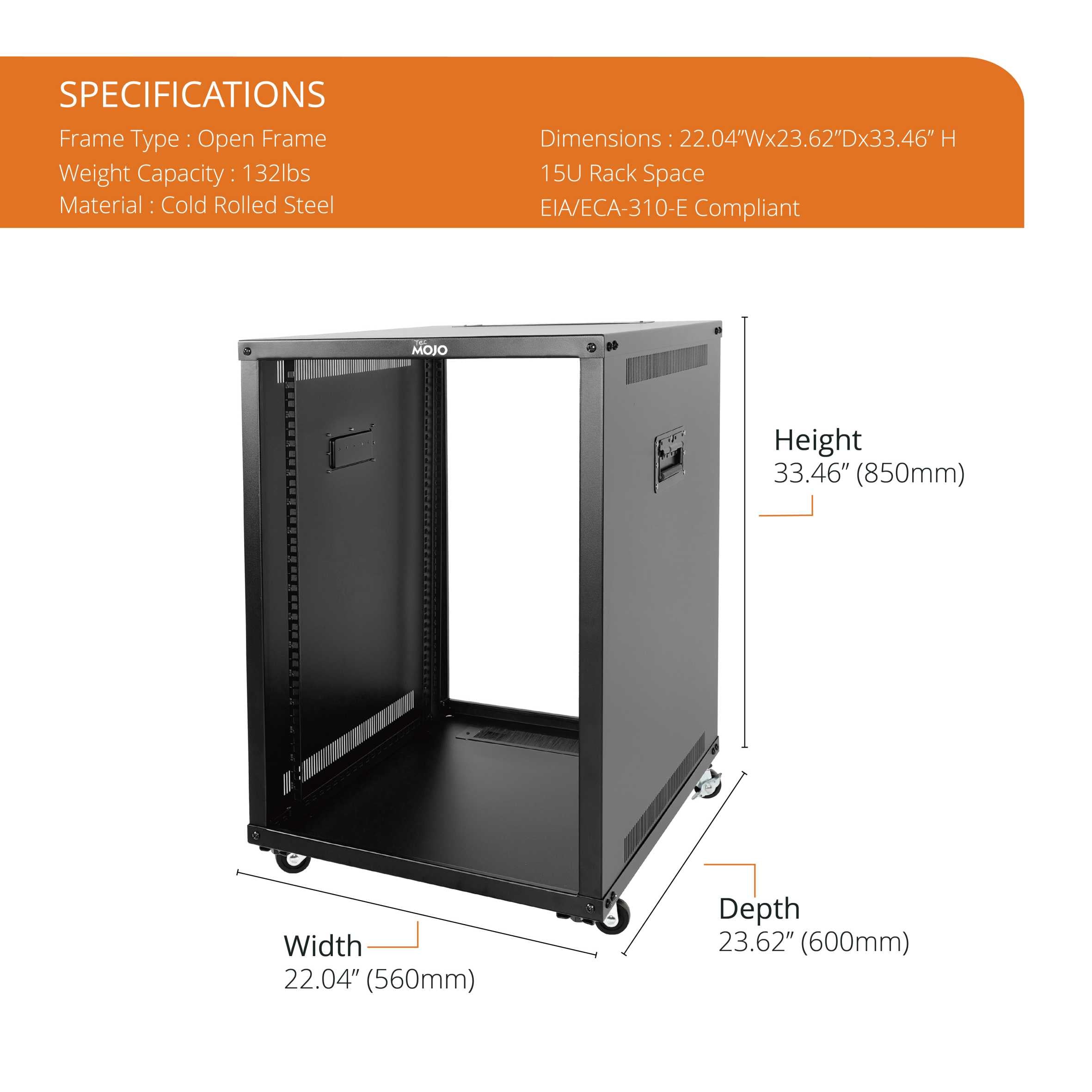 Tecmojo 15U Portable Rolling Network Rack 4-Post Open Frame Server Rac
