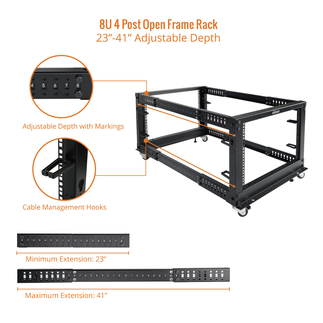 Tecmojo 8U 4-Post Adjustable Depth 26.2-44.2in Open Frame Server Rack