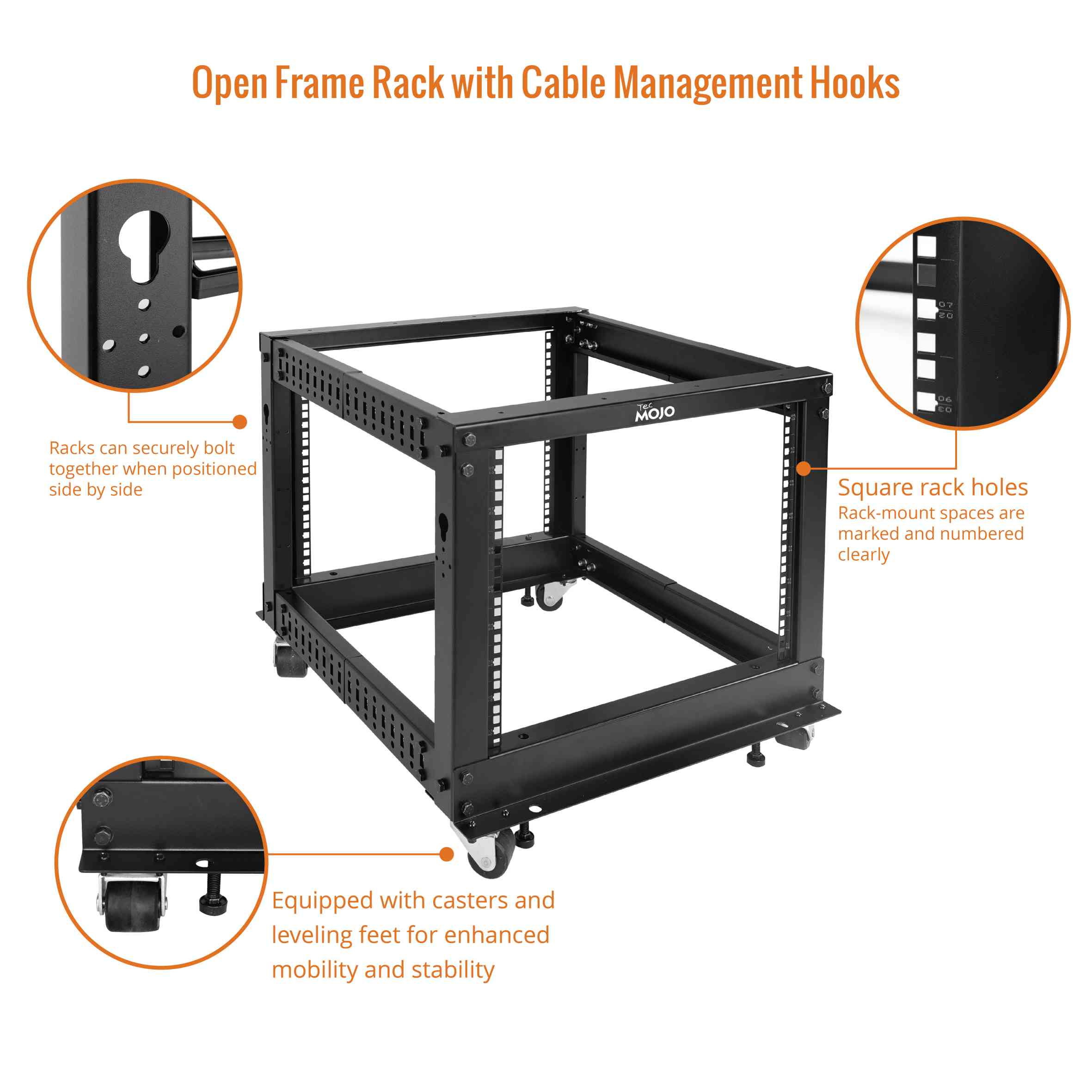 Tecmojo 8U 4-Post Adjustable Depth 26.2-44.2in Open Frame Server Rack