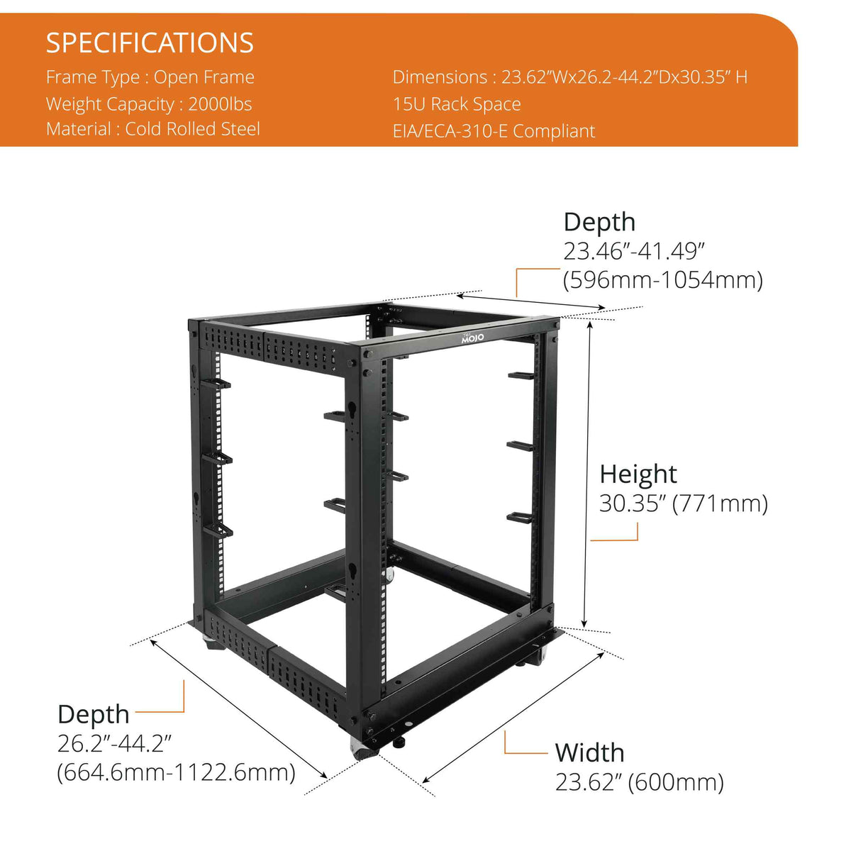 15u Frame Rack Tecmojo 15U 4-Post Adjustable Depth 26.2-44.2in Open Frame Server Rack