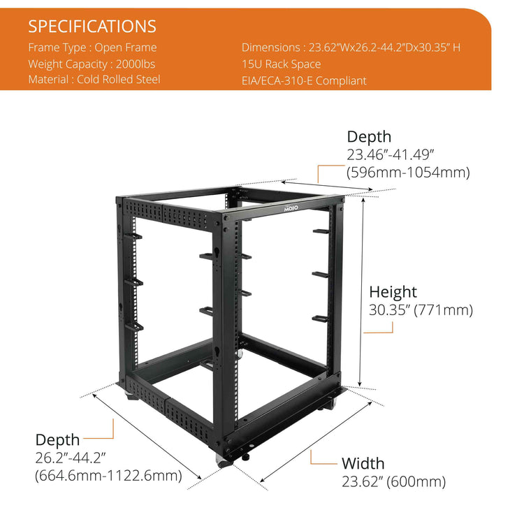 Tecmojo 15U 4-Post Adjustable Depth 26.2-44.2in Open Frame Server Rack with Casters