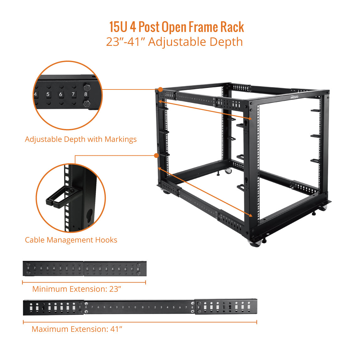 Tecmojo 15U 4-Post Adjustable Depth 26.2-44.2in Open Frame Server Rack