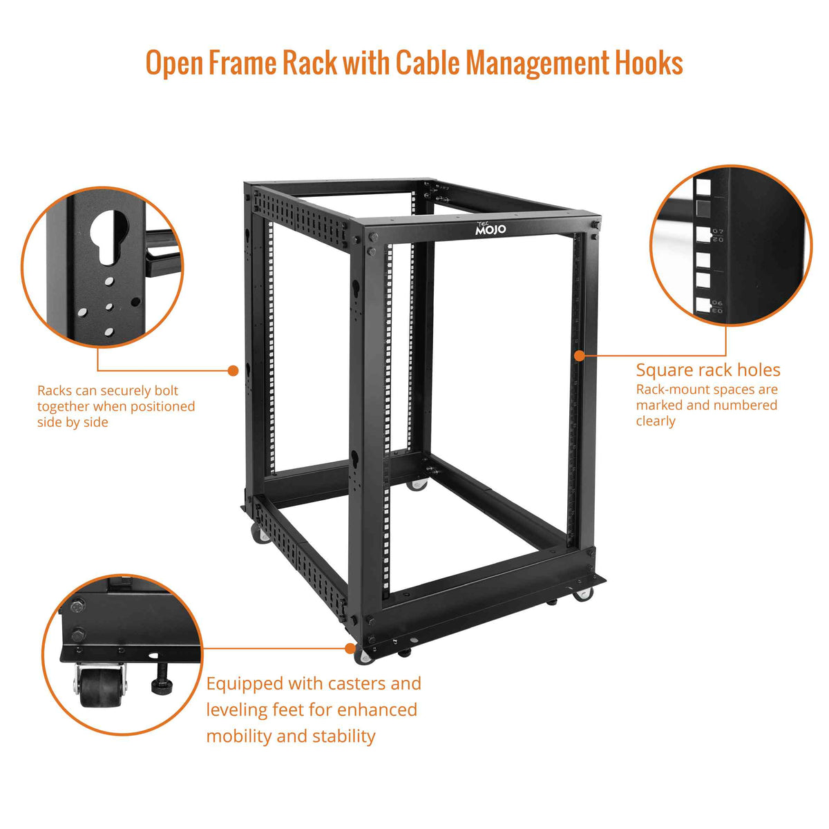 Tecmojo 15U 4-Post Adjustable Depth 26.2-44.2in Open Frame Server Rack