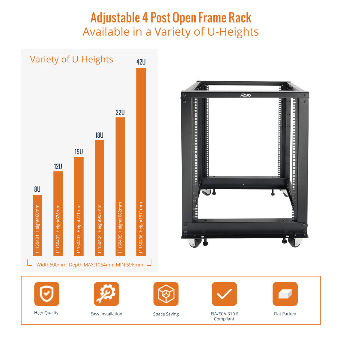 Tecmojo 15U 4-Post Adjustable Depth 26.2-44.2in Open Frame Server Rack