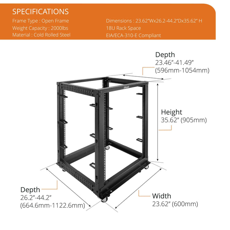 Tecmojo 18U 4-Post Adjustable Depth 26.2-44.2in Open Frame Server Rack with Casters