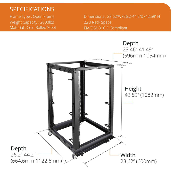 Tecmojo 22U 4-Post Adjustable Depth 26.2-44.2in Open Frame Server Rack with Casters