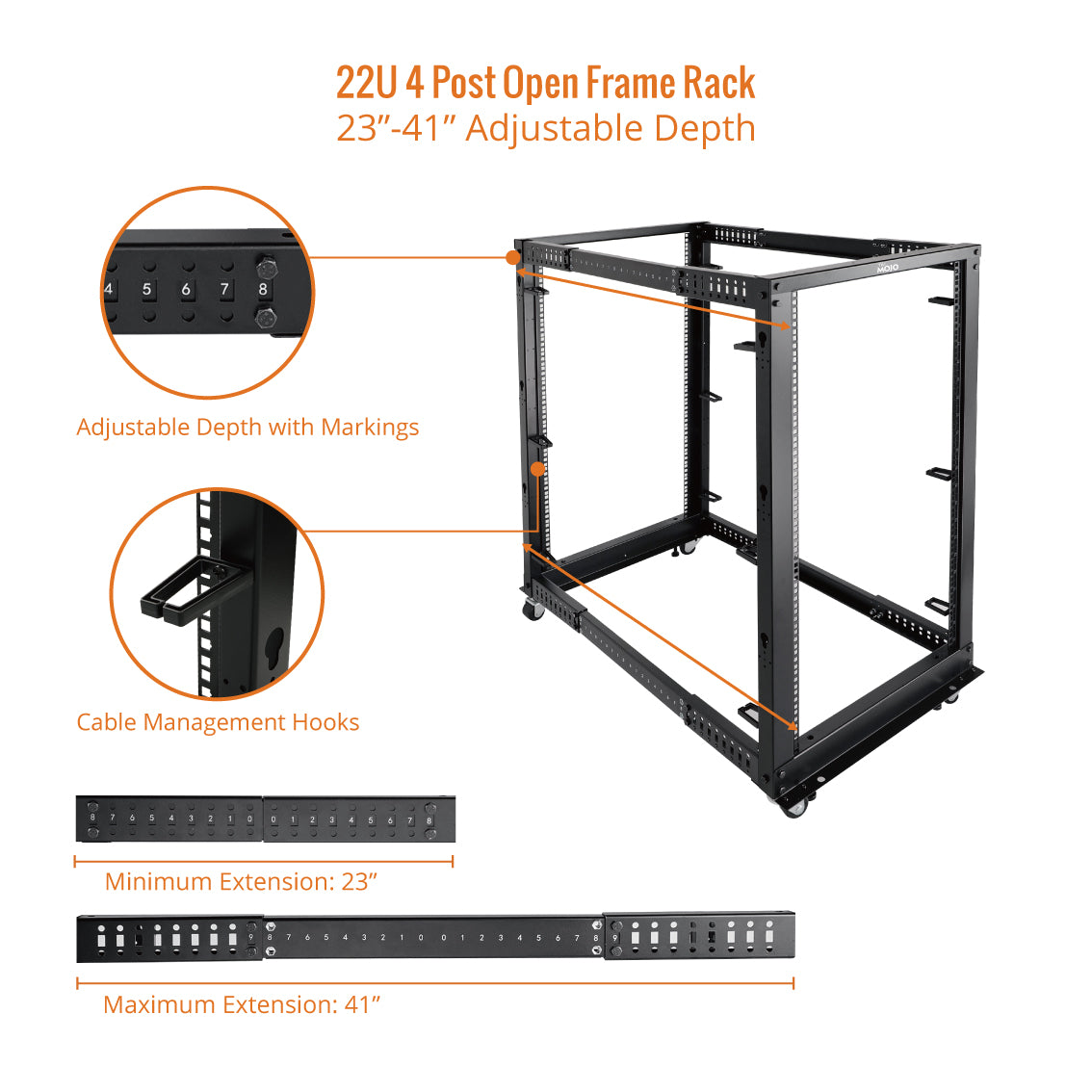 Tecmojo 22U 4-Post Adjustable Depth 26.2-44.2in Open Frame Server Rack