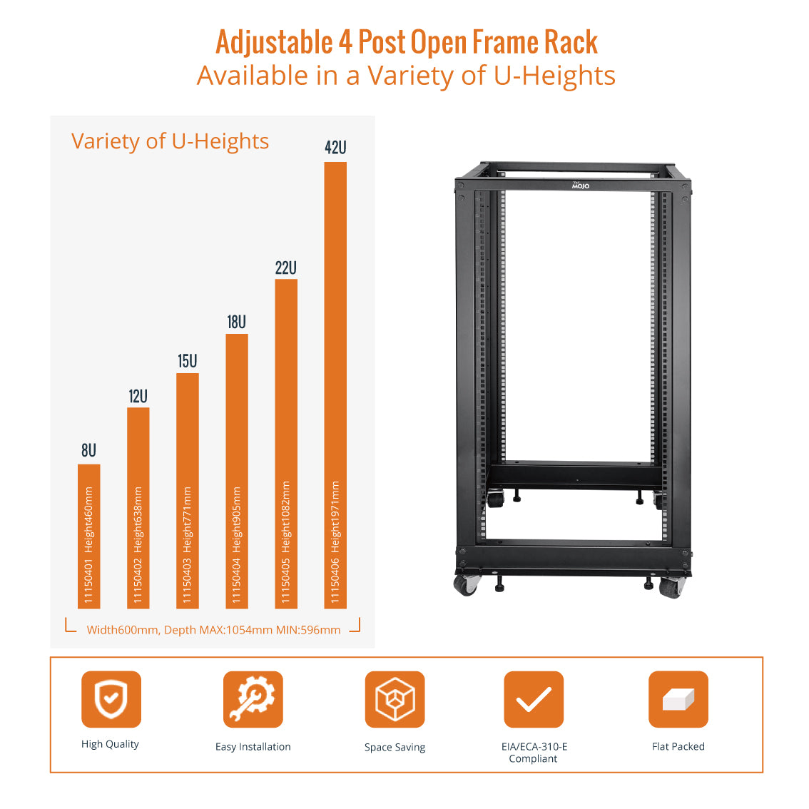 Tecmojo 22U 4-Post Adjustable Depth 26.2-44.2in Open Frame Server Rack