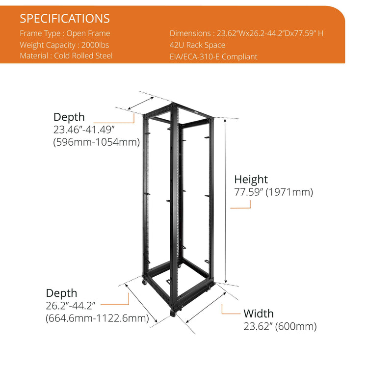 Tecmojo 42U 4-Post Adjustable Depth 22-40in Open Frame Server Rack with Casters