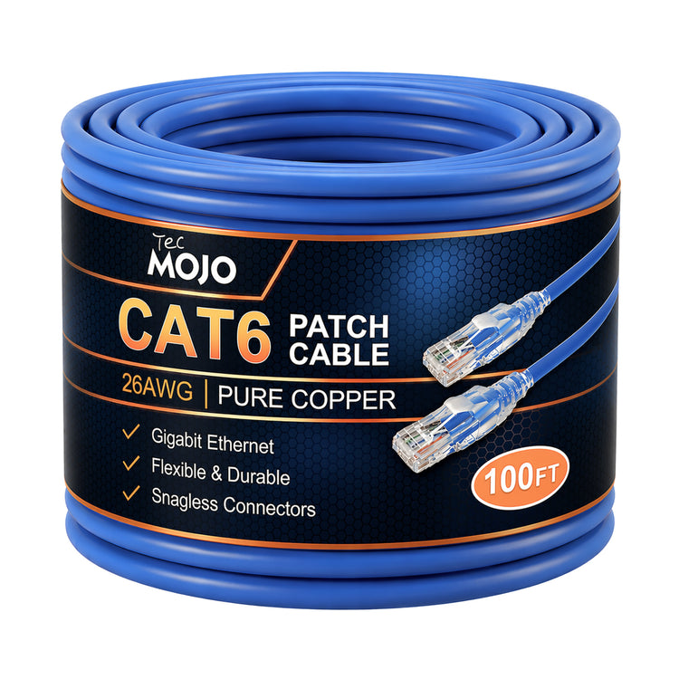 Tecmojo UL Listed Cat6 100ft Ethernet Patch Cable, 26AWG 100% Pure Copper Conductors, Cat6 Network Cable, Snagless RJ45 for Router, Modem, Xbox, Laptop, Servers, Blue