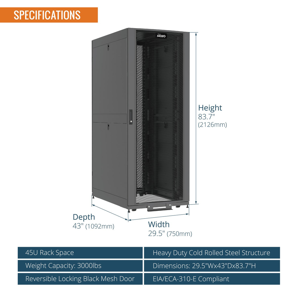 Server Rack 30 Inch Depth 45U Server Rack Cabinet 3000lbs 43