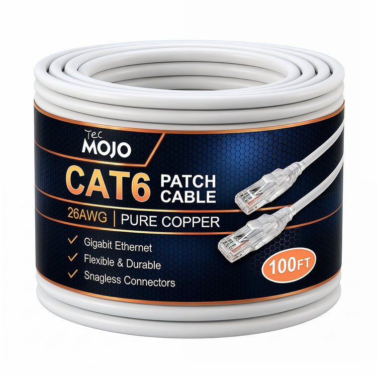 Tecmojo UL Listed Cat6 100ft Ethernet Patch Cable, 26AWG 100% Pure Copper Conductors, Cat6 Network Cable, Snagless RJ45 for Router, Modem, Xbox, Laptop, Servers, White