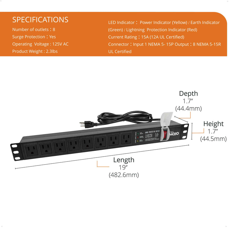 Tecmojo 1U Rack Mount 8 Outlet Power Distribution Unit With Surge Protection(Front Outelet)