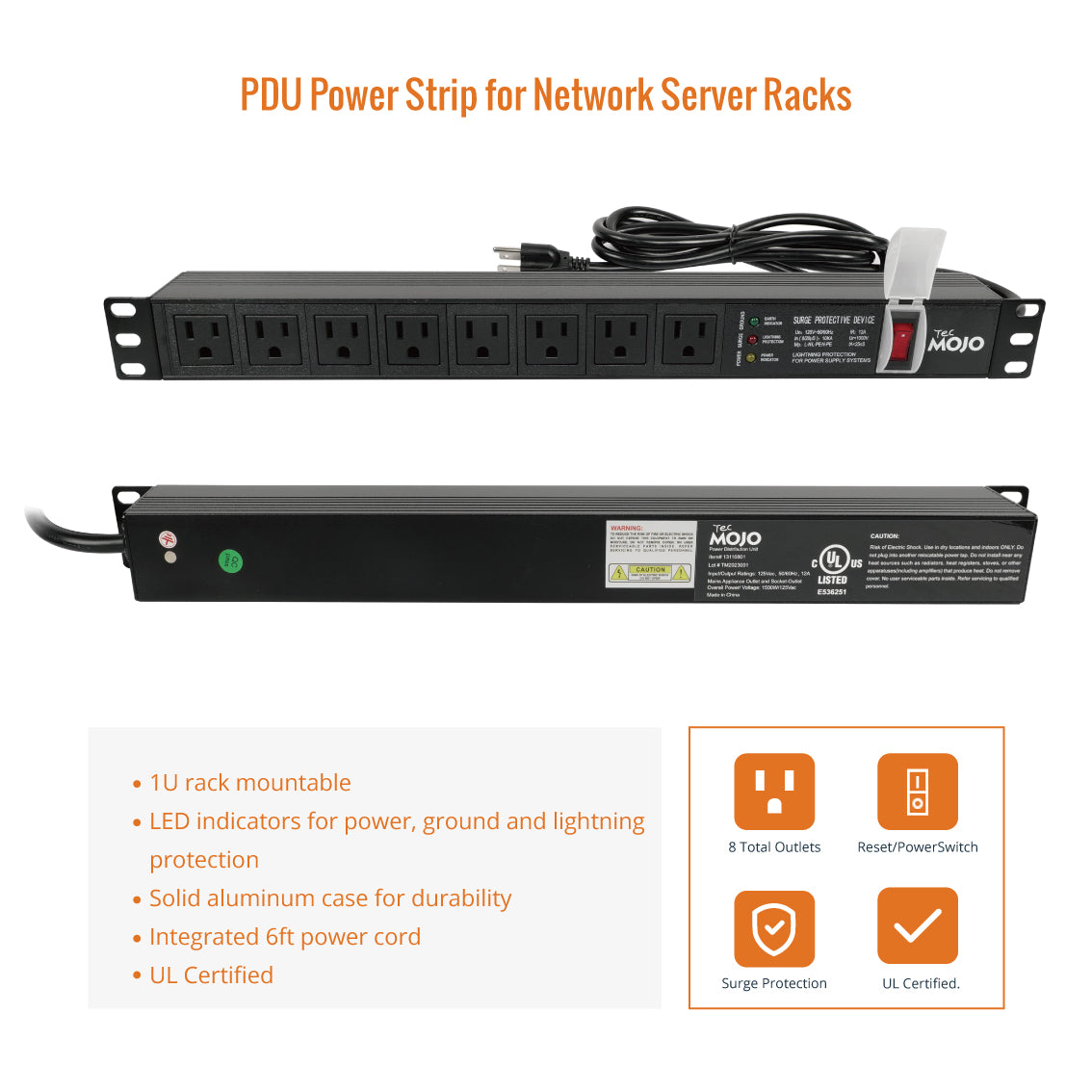 Tecmojo 1U Rack Mount 8 Outlet Power Distribution Unit With Surge Prot